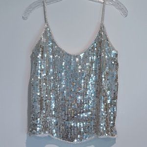 Swee Lo 100% silk silver sequin beaded camisole tank top